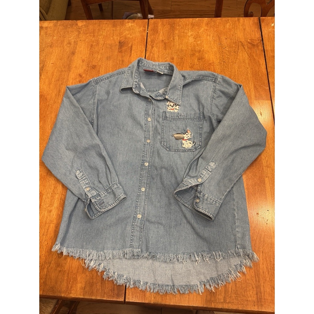 Vintage Disney 101 Dalmatians Shirt Women Large Blue Denim Embroidered Dogs 90s